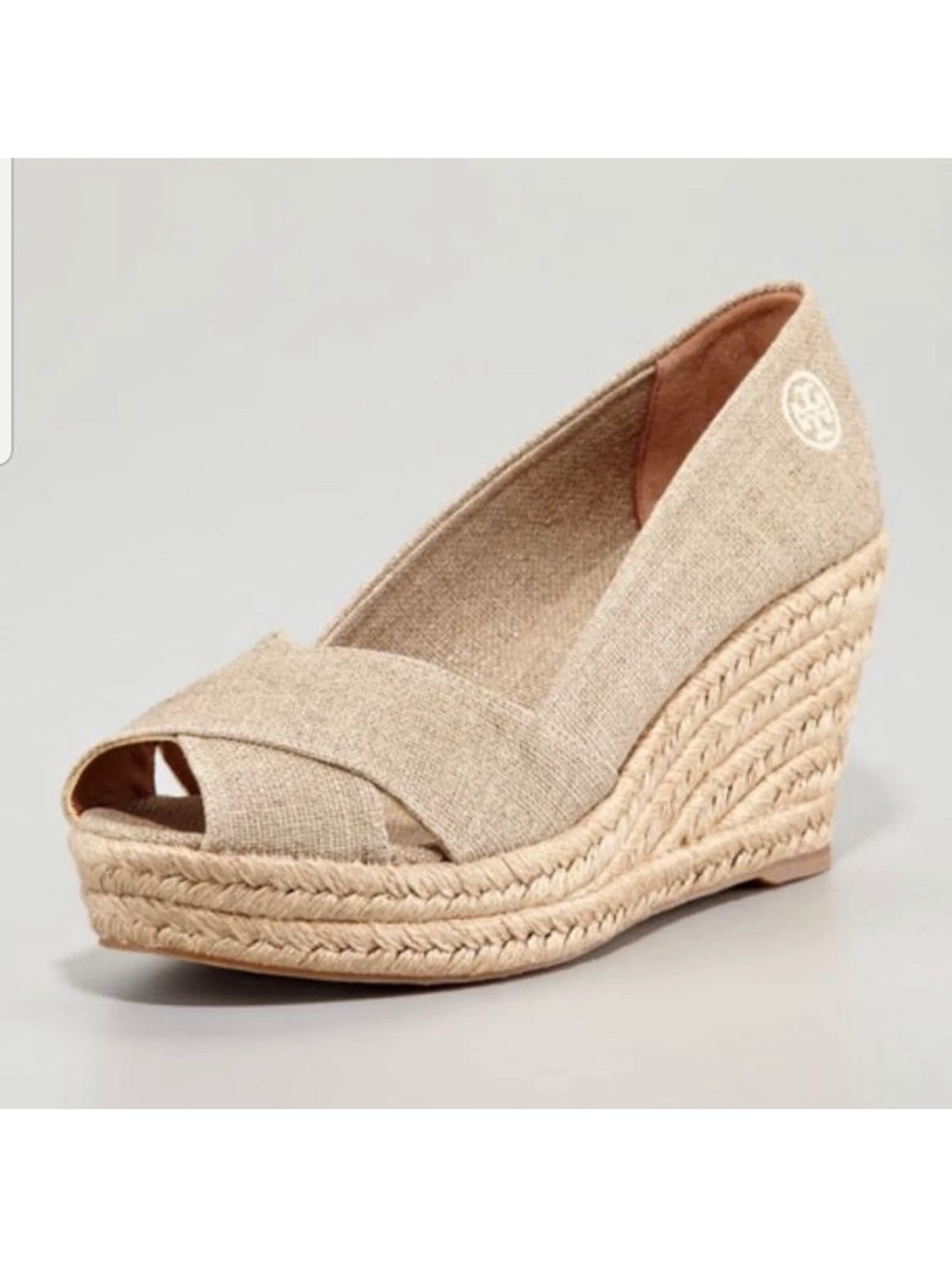 Tory Burch Filipa Gold Shimmer Beige Espadrille Wedge Peep-Toe Size 8